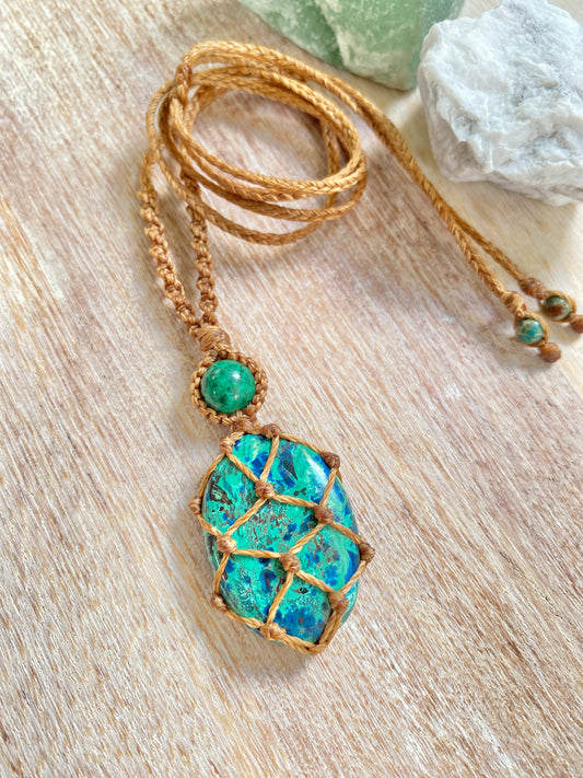 Azurite Chrysocolla Crystal Macrame Necklace